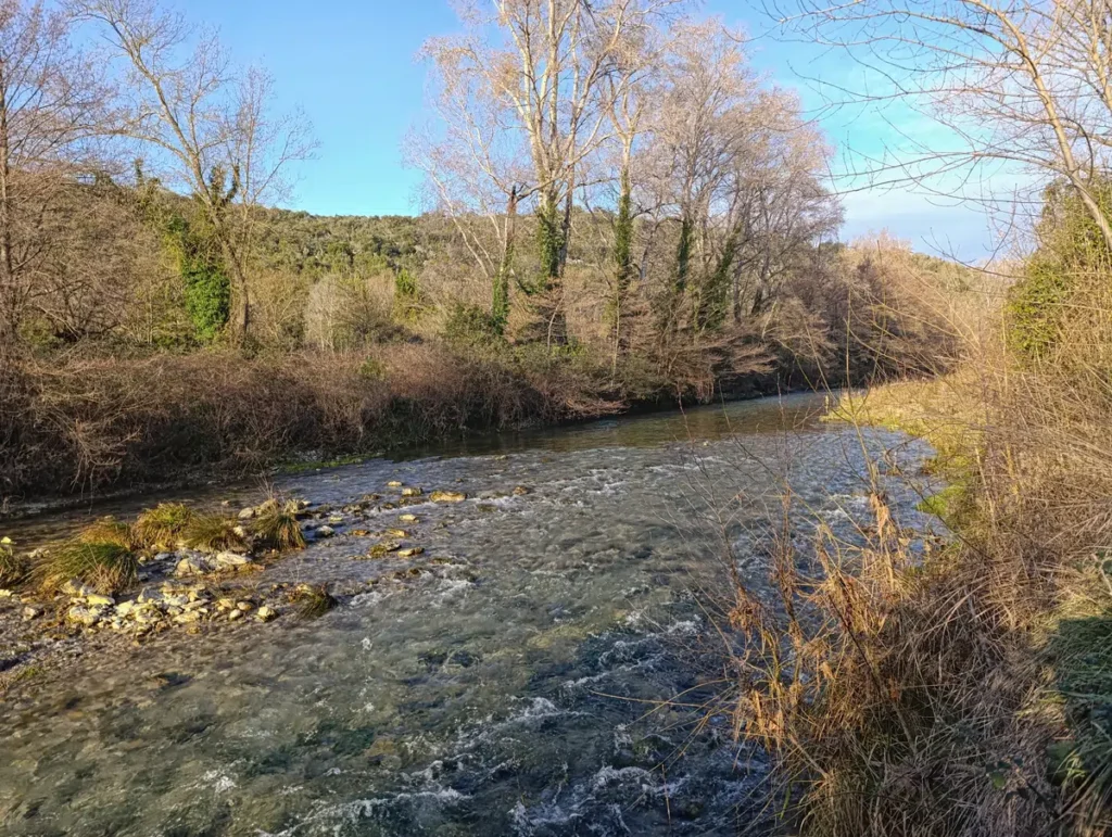 Un cours d'eau avec un léger courant. Sur la gauche, un petit îlot de pierres. Sur la rive opposée, quelques arbres et de la végétation. Sur la droite de l'image, rive de la prise de vue, un peu de végétation. Ciel bleu au-dessus, avec quelques nuages au loin.