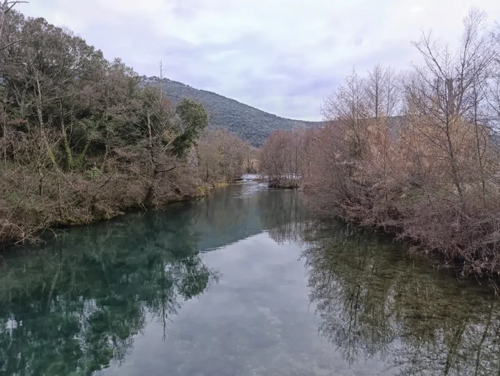 Entre ses rives arborées, un petit fleuve à l'eau tranquille. Le ciel au-dessus est bien nuageux. En arrière-plan, une petite cascade artificielle à peine visible.