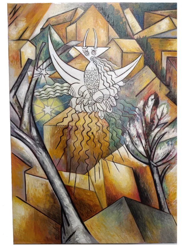 Peinture représentant une chimère blanche stylisée au centre, dessinée au trait noir, avec deux cornes, de grandes ailes et un corps orné de motifs ondulés, sur un fond cubiste composé de formes anguleuses dans des tons ocres, jaunes et verts ; deux arbres noirs et blancs sans feuillage encadrent la scène, avec deux étoiles visibles à gauche.