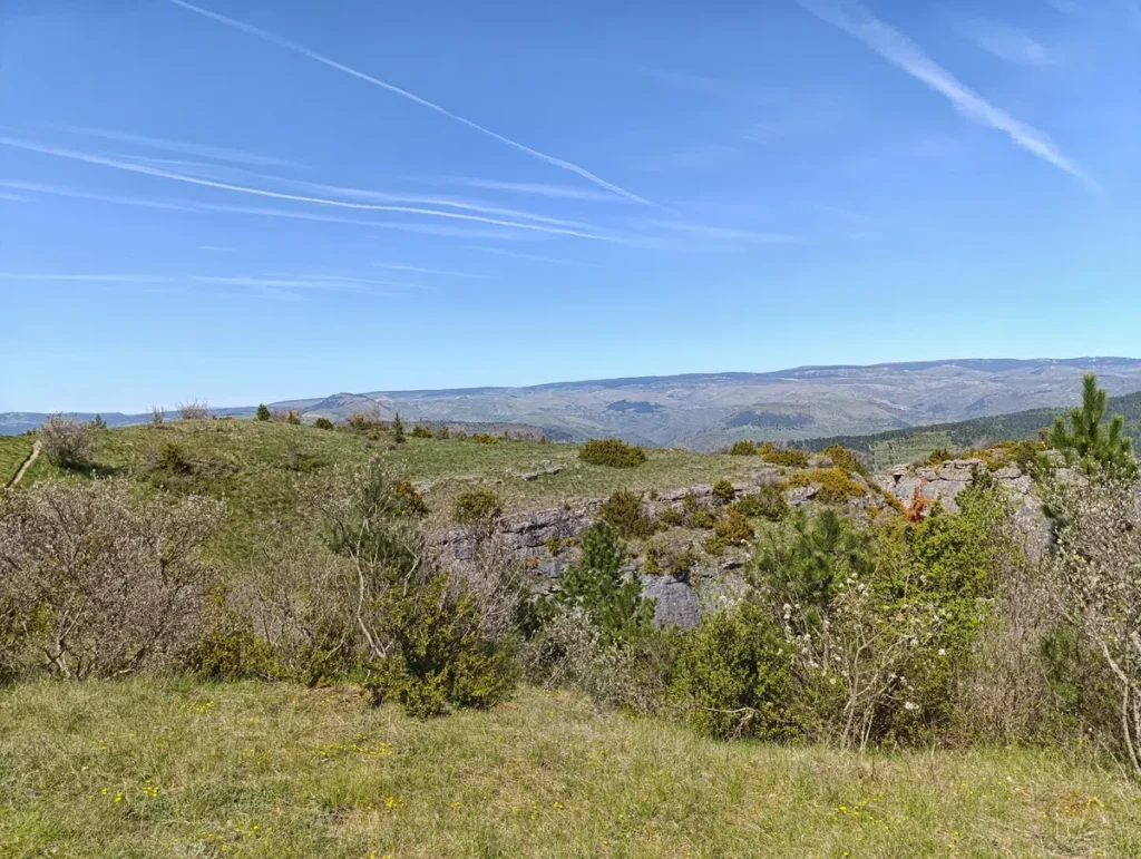 Un paysage naturel avec une vue dégagée sur des collines et des montagnes à l'horizon. Le premier plan est composé de végétation variée, incluant des arbustes et des buissons, avec quelques rochers dispersés. Le ciel est clair et bleu, avec quelques traînées blanches laissées par des avions.