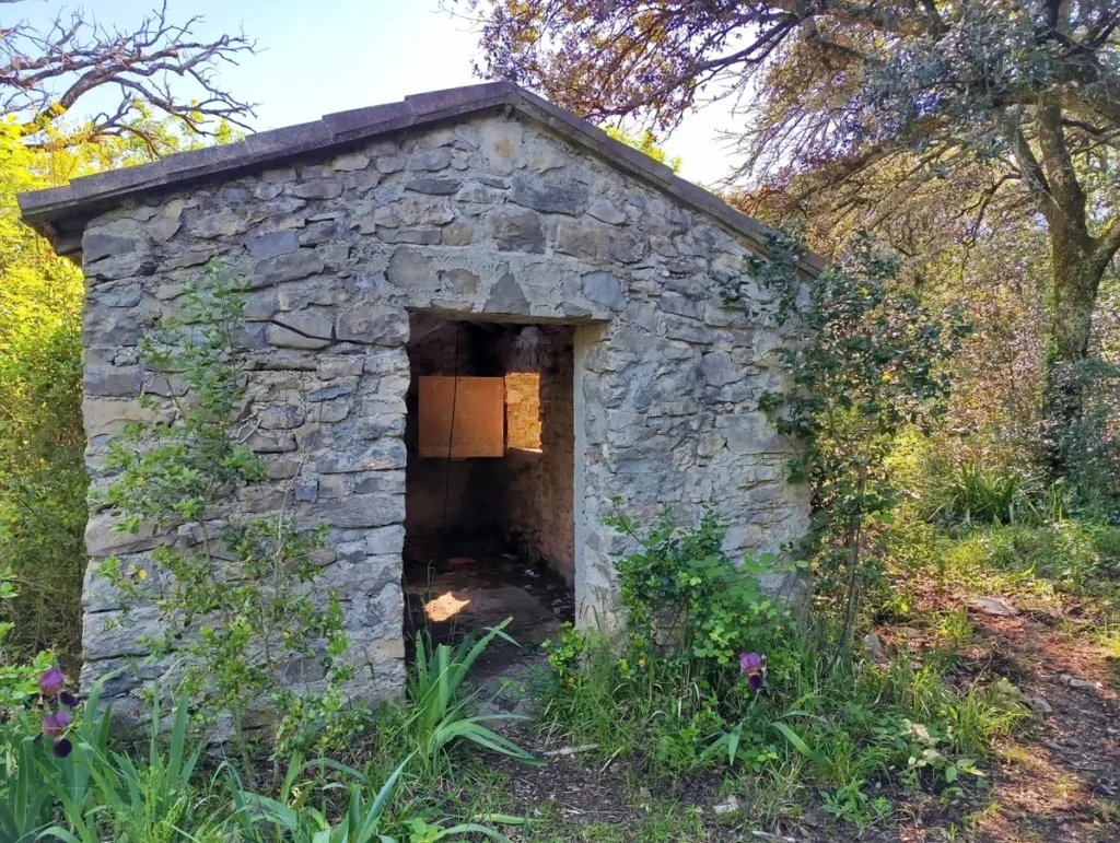 Un petit mazet en pierre situé dans une végétation boisée. Le bâtiment a une ouverture sans porte, un toit de tuiles et des murs de pierre brute. L’intérieur est sombre, mais on distingue une fenêtre ou une ouverture au fond du mur opposé. Des plantes (dont des iris en fleurs) poussent à l’entrée et autour de la structure.