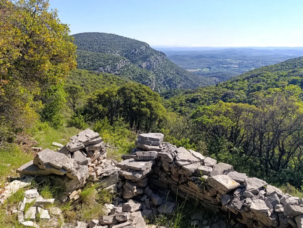Vue prise depuis un point en hauteur d'une reculée karstique montrant une vallée boisée entourée de collines. Au premier plan, de petits murets en pierres sèches, probablement un petit mazet en ruine. À l’arrière-plan, on aperçoit un ensemble urbain à distance, entouré de forêts et de vignes, sous un ciel clair.