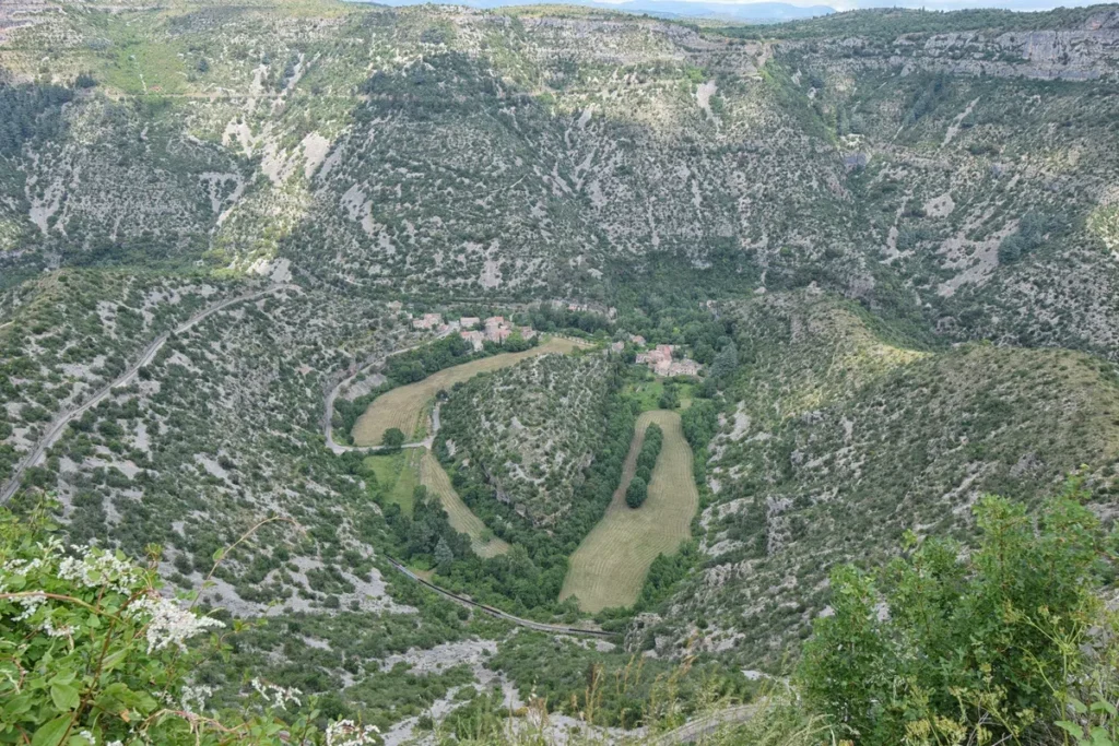 Zoom sur le fond du Cirque de Navacelles, où l'on distingue plus nettement un petit hameau entouré de prairies vertes en forme de boucle et d’arbres, avec des falaises boisées en arrière-plan.
