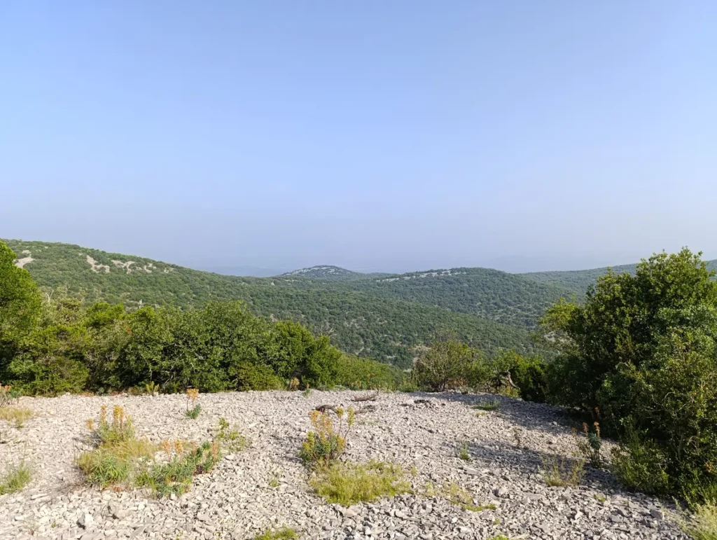 Photo. Plateforme rocheuse et caillouteuse donnant sur un paysage vallonné couvert de forêts, sous un ciel dégagé mais dont une brume de basse altitude masque la vue sur les Cévennes.