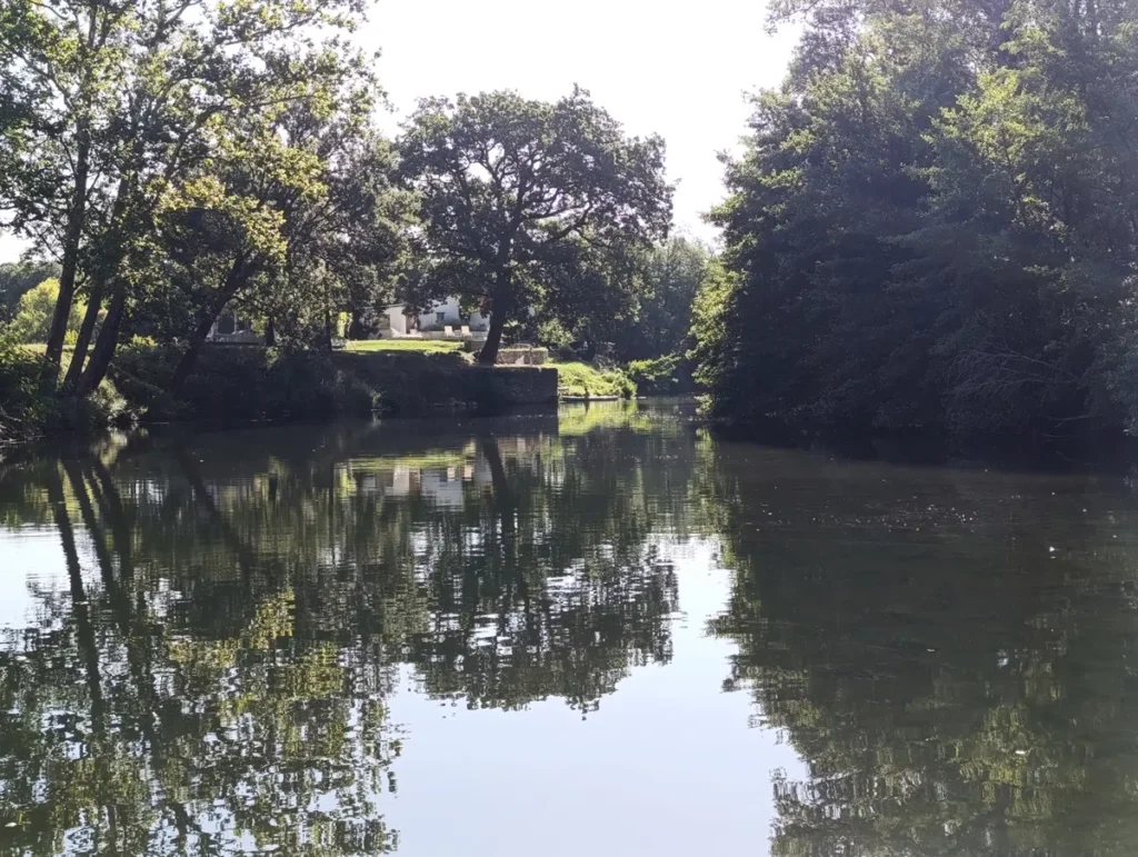 Photo d'une étendue d'eau dans une lumière aveuglante. Des arbres et une maison plus loin sur notre rive. L'autre rive est couverte d'arbres.