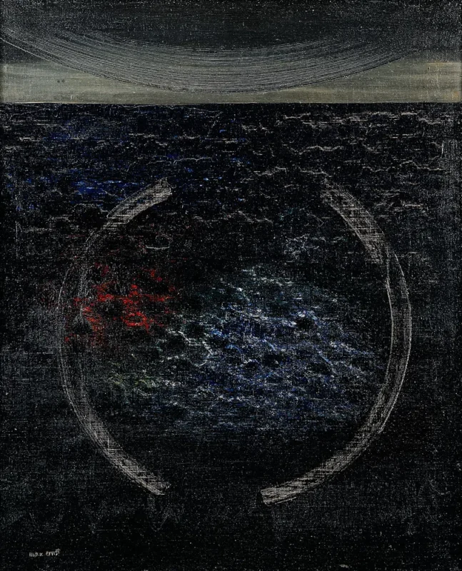 Photo d'un tableau sombre représentant une mer agitée sous un ciel obscur. Dans la partie inférieure, des reflets bleus et rouges apparaissent sur les vagues. Un grand cercle partiellement tracé en blanc encadre la zone centrale de la composition.