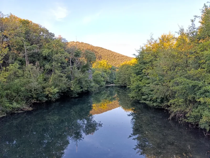 Photo d'un cours d'eau à l'eau calme entouré de végétation dense, avec des arbres feuillus reflétés dans l’eau et une colline verdoyante en arrière-plan sous un ciel dégagé, sauf quelques traces nuageuses, dans la lumière du petit matin.
