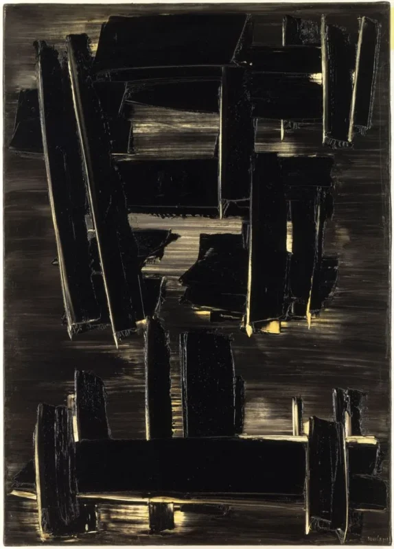 Photo d'un tableau abstrait aux formes géométriques angulaires et superposées, dominé par des tons noirs et des touches de brun doré, évoquant un contraste saisissant entre lumière et obscurité.