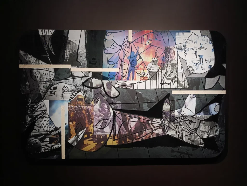 Photo d'un collage artistique moderne inspiré de Guernica combinant des dessins abstraits, des images découpées et des motifs variés, évoquant des thèmes sociaux et politiques.