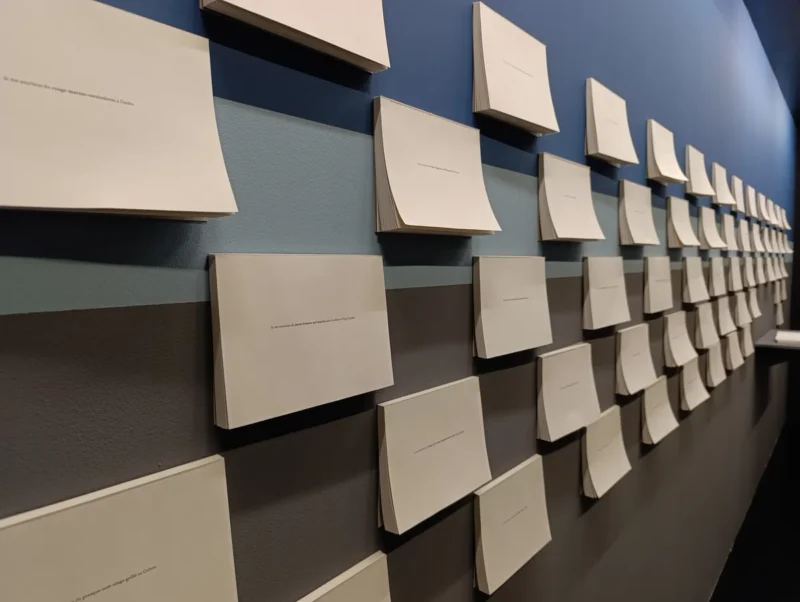 Photo d'un mur d'exposition présentant plusieurs livres ouverts accrochés, affichant des textes manuscrits sur un fond bleu et gris.