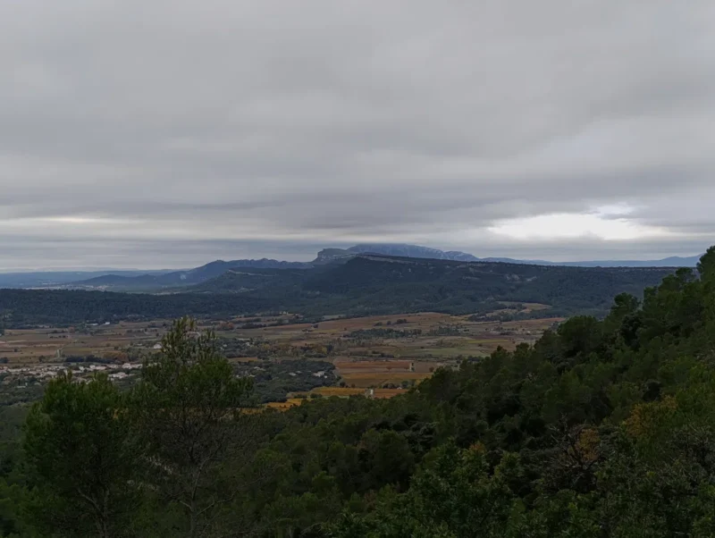 Photo d'un paysage vallonné vu depuis un point élevé, avec forêts de pins au premier plan, plaine cultivée au centre et, au fond, le Pic Saint-Loup et l'Hortus. Le ciel est très nuageux et masque une partie de la montagne.