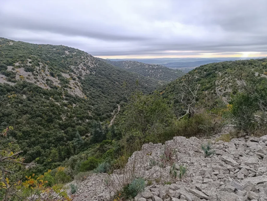 Vue sur une petite vallée au milieu d'un massif karstique à la végétation assez basse. On distingue un chemin au fond de la vallée. Le ciel est bien couvert.