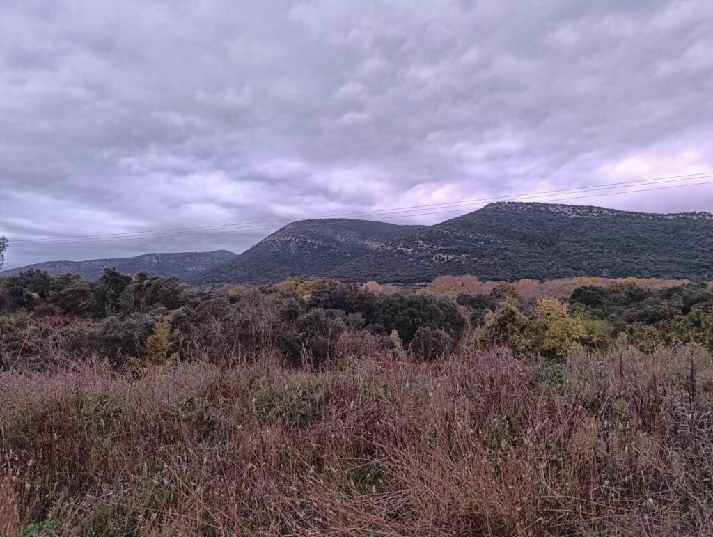 Un massif karstique au petit matin. Au premier plan de l'herbe séchée, puis une plaine encore dans la semi-obscurité. Ciel très nuageux et faible luminosité.