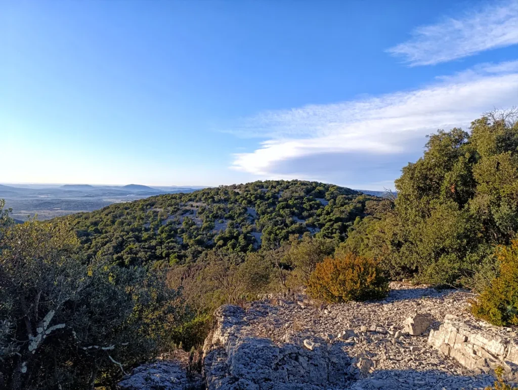 Vue des hauteurs d'un petit massif dans le Gard. Le ciel est bleu, parsemé de quelques légers nuages. La végétation, de type garrigue, est basse et composée principalement de chênes verts. La vue donne du côté du sud et de la mer.