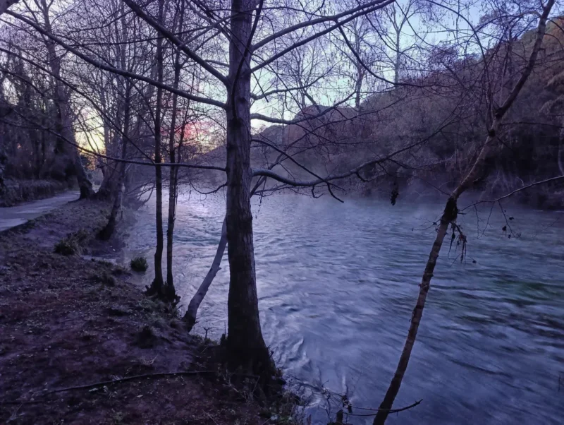 Des arbres dans le contre-jour d'une faible lumière matinale se découpent au premier plan. Les eaux tumultueuses d'un petit fleuve à gauche duquel passe un chemin à peine visible. Le ciel est dégagé.