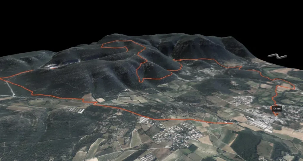 Tracé Gpx en 3D via visugpx.com montrant un tracé rouge entre plaine et massif karstique sur une vue satellite.