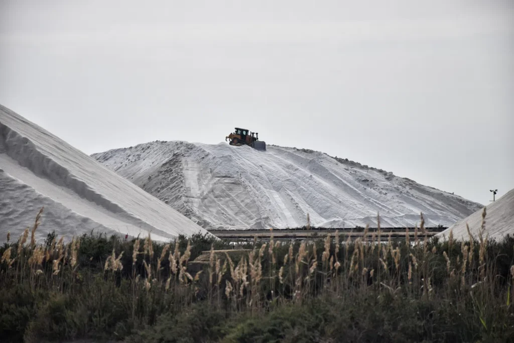 Photo d'un engin de chantier sur un énorme tas de sel. De la végétation rase au premier plan.