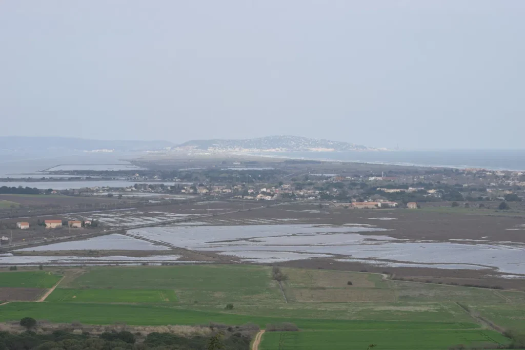 Photo prise des hauteurs. Des champs bien verts, des étangs, la Méditerranée, et le Mont Saint-Clair au loin.