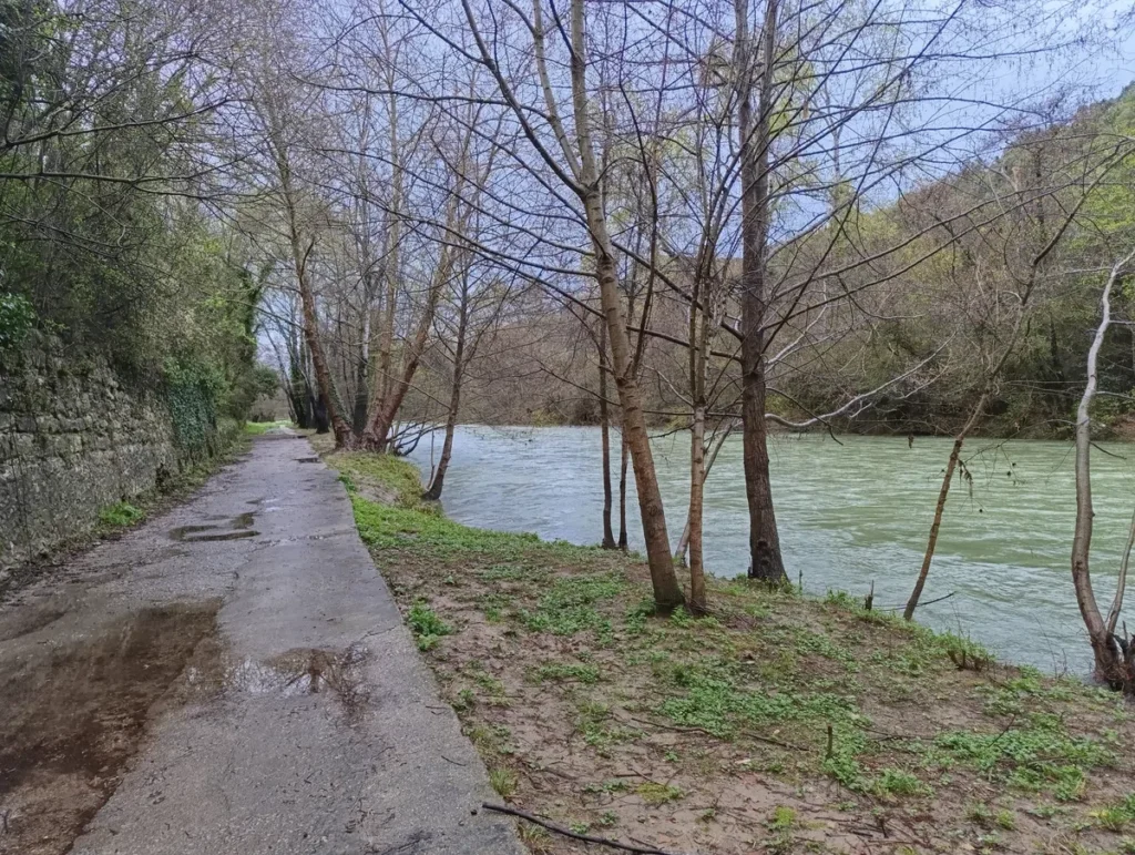 Photo depuis la rive gauche d'un petit fleuve à l'eau tumultueuse suite à de fortes pluies. Des arbres en bord de l'eau et un petit chemin bétonné avec ses flaques d'eau sur la gauche de l'image.