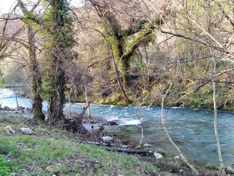 Photo d'un petit fleuve à l'eau torrentielle et aux rives arborées. Sur la gauche de l'image, on perçoit un petit pont qui enjambe le cours d'eau.