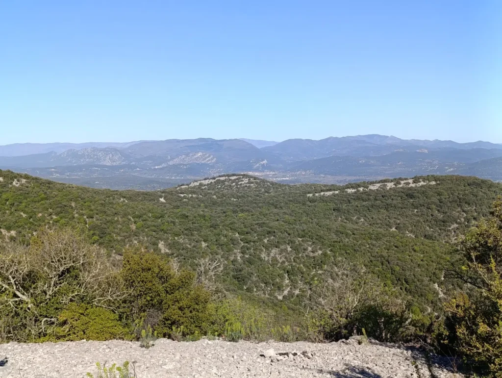 Photo d'un paysage gardois montagneux sous un ciel dégagé, avec des petites montagnes cévenoles verdoyantes et des sommets rocheux en arrière-plan.