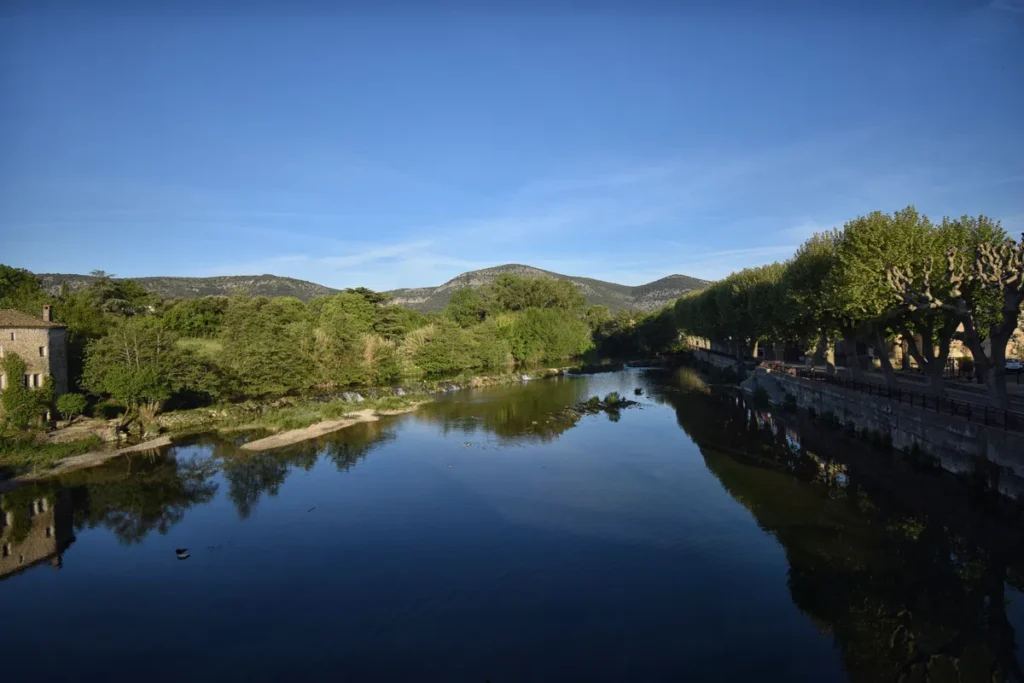 Photo prise depuis un pont qui surplombe le cours d'eau. Un petit fleuve et sa cascade artificielle. Sur la rive, à droite, une rangée de platanes.