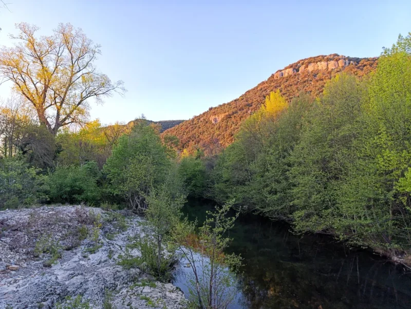 Photo d'un petit fleuve bordé d’arbres au pied d’un massif ensoleillé, avec des rochers au premier plan. Lumière du petit matin avec le soleil qui ne tardera pas à se lever derrière un arbre situé sur la gauche de l'image. Ciel bleu sans nuage.