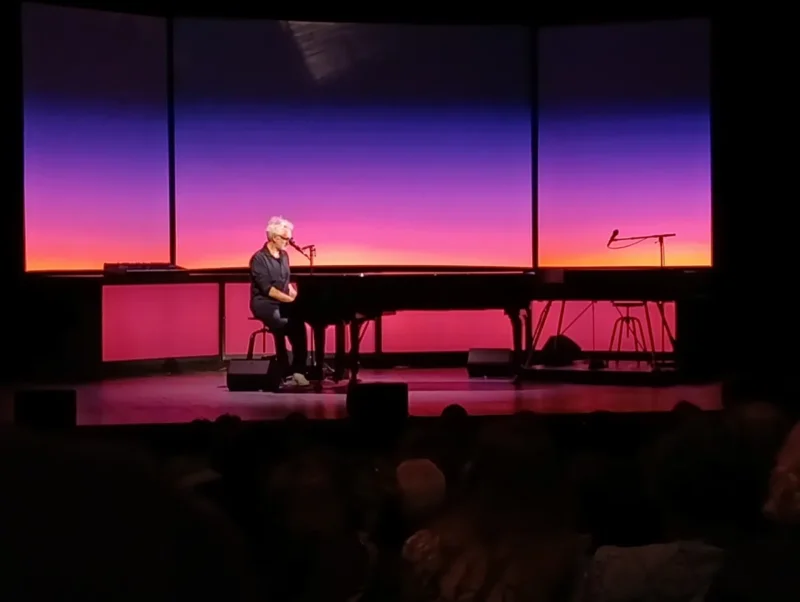 Photo. Trois écrans projettent une douce lumière entre mauve et rose. Devant, un homme, Vincent Delerm, joue sur un piano à queue. Un autre piano, 1/2 de queue, prolonge le premier sur la droite.